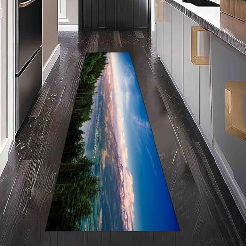 Dppyuxa Teppich Läufer Flur Natur Landschaft Lang Waschbar und rutschfest Waldlandschaft Wald Küchenläufer Realistisch Himmel Flurteppich für Küche & Eingangsbereich 60x150 cm von Dppyuxa