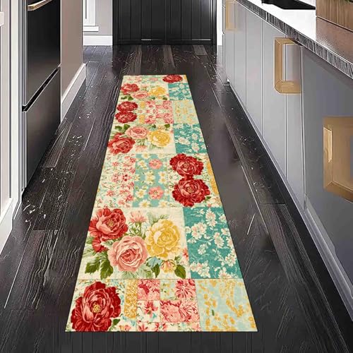Dppyuxa Teppich Läufer Flur Patchwork Blumen Lang Waschbar und rutschfest Vintage Rosen Küchenläufer Shabby Chic Quadrat Flurteppich für Küche & Eingangsbereich 60x150 cm von Dppyuxa