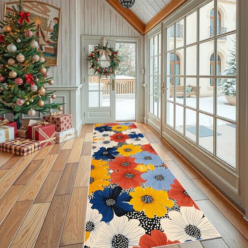 Dppyuxa Teppich Läufer Flur Pop Art Blume rutschfest und Waschbar Bunt Gänseblümchen Küchenläufer lang für die Küche Gepunktet Geblümt Flurteppich auch als Bettvorleger für Schlafzimmer 60x150 cm von Dppyuxa