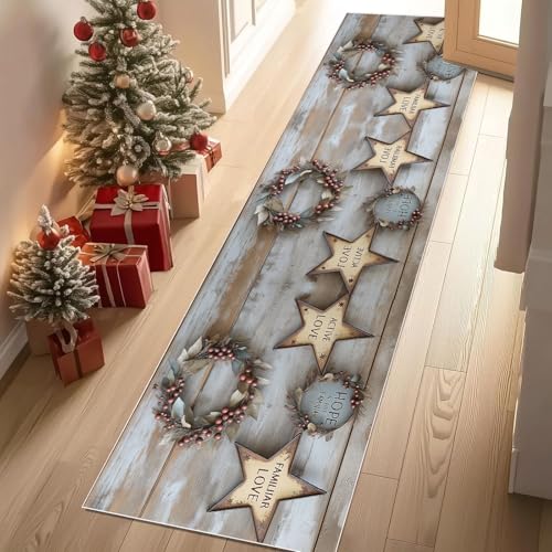 Dppyuxa Teppich Läufer Flur Shabby Chic Stern rutschfest und Waschbar Bauernhaus Kranz Küchenläufer lang für die Küche Landhausstil Holz Flurteppich auch als Bettvorleger für Schlafzimmer 60x150 cm von Dppyuxa