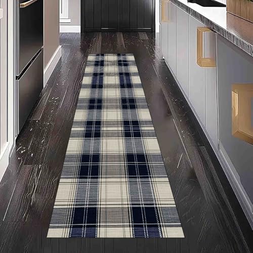 Dppyuxa Teppich Läufer Flur Tartan Kariert Lang Waschbar und rutschfest Plaid Muster Küchenläufer Geometrisch Gittermuster Flurteppich für Küche & Eingangsbereich 60x150 cm von Dppyuxa