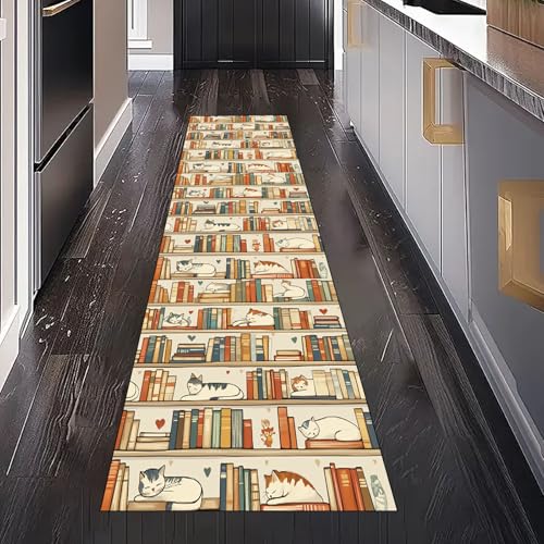 Dppyuxa Teppich Läufer Flur Tier Katze rutschfest und Waschbar Niedlich Buch Küchenläufer lang für die Küche Handgezeichnet Bücherregal Flurteppich auch als Bettvorleger für Schlafzimmer 60x150 cm von Dppyuxa