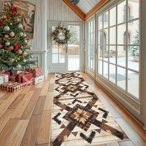 Dppyuxa Teppich Läufer Flur Tribal Holz rutschfest und Waschbar Aztekenmuster Küchenläufer lang für die Küche Patchwork Muster Flurteppich auch als Bettvorleger für Schlafzimmer 60x150 cm von Dppyuxa