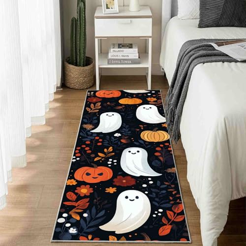 Dppyuxa Teppich Läufer Halloween Geist Waschbar & rutschfest, Küchenteppich für Küche, Flur Feiertag Kürbis Flurteppich Lang Cartoon Blätter Küchenläufer Schmutzabweisend 80x200 cm von Dppyuxa