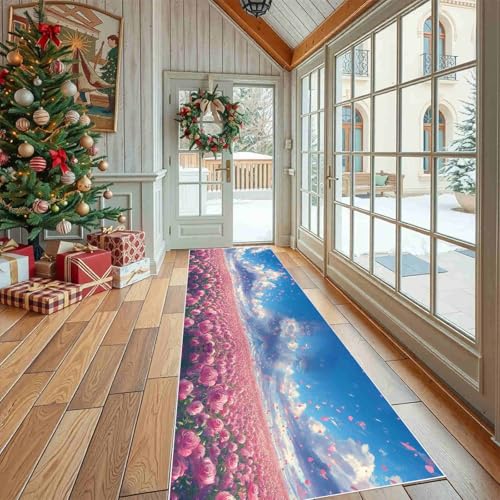 Dppyuxa Teppich Läufer Landschaft Rosen Waschbar & rutschfest, Küchenteppich für Küche, Flur Natur Himmel Flurteppich Lang Romantisch Wolken Küchenläufer Schmutzabweisend 80x200 cm von Dppyuxa