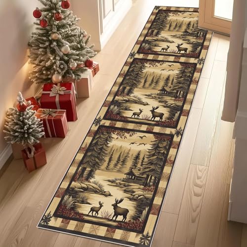 Dppyuxa Teppich Läufer Lodge Elch für Flur Waschbar Rustikaler Hirsch Küchenteppich rutschfest für die Küche Waldlandschaft REH Bettvorleger Maschinenwaschbar und Schmutzabweisend 60x240 cm von Dppyuxa