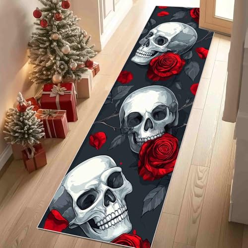 Dppyuxa Teppich Läufer Schädel Gothic Waschbar & rutschfest, Küchenteppich für Küche, Flur Horror Rose Flurteppich Lang Halloween Skelett Küchenläufer Schmutzabweisend 80x200 cm von Dppyuxa