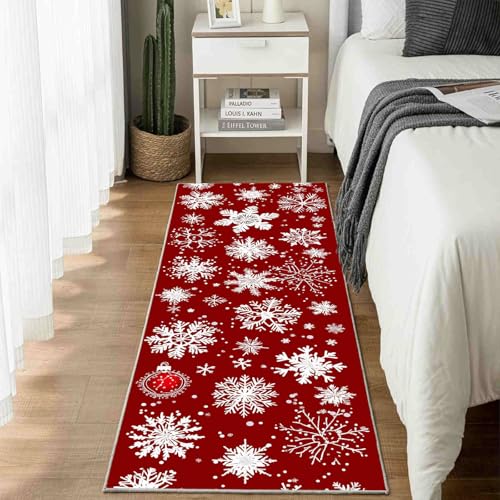 Dppyuxa Teppich Läufer Weihnachten Schneeflocke Waschbar & rutschfest, Küchenteppich für Küche, Flur Feiertag Dekoration Flurteppich Lang Rot Sternenhimmel Küchenläufer Schmutzabweisend 80x200 cm von Dppyuxa