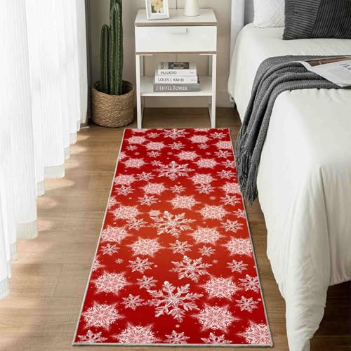 Dppyuxa Teppich Läufer Weihnachten Schneeflocke Waschbar & rutschfest, Küchenteppich für Küche, Flur Winter Feiertag Flurteppich Lang Festlich Rot und Weiß Küchenläufer Schmutzabweisend 80x200 cm von Dppyuxa