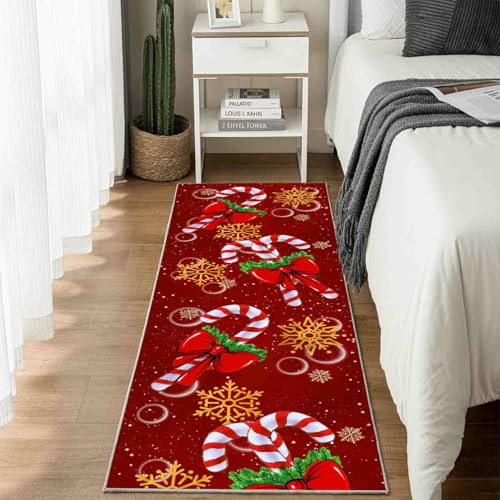 Dppyuxa Teppich Läufer Weihnachten Zuckerstange Waschbar & rutschfest, Küchenteppich für Küche, Flur Cartoon Schneeflocke Flurteppich Lang Niedlich Schleife Küchenläufer 80x200 cm von Dppyuxa