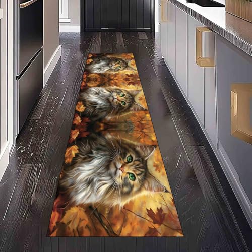 Dppyuxa Tier Katze Waschbarer Küchenläufer Herbst Ahornblatt rutschfest Teppich für Küche und Flur Langer Flurteppich Malerei Porträt Küchenteppich Maschinenwaschbar 80x180 cm von Dppyuxa