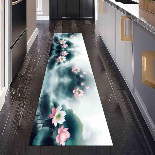 Dppyuxa Tintenmalerei Lotusblume Teppich Läufer Flur Orientalisch Teich Lang Waschbar und rutschfest Küchenläufer Japanische Lotusblatt Flurteppich für Küche & Eingangsbereich 60x150 cm von Dppyuxa