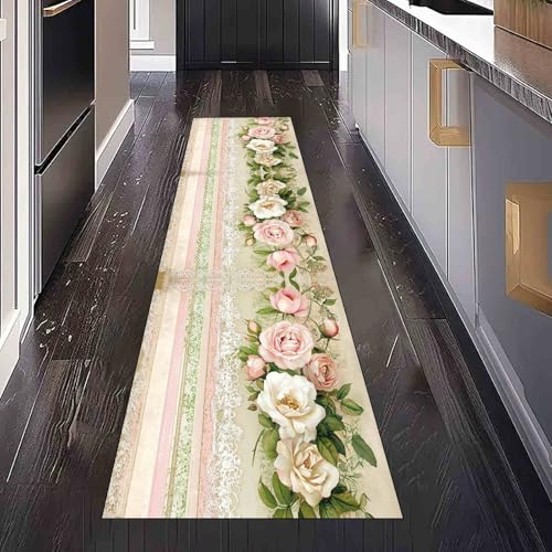 Dppyuxa Vintage Rose Teppich Läufer Flur Romantisch Blumen Lang Waschbar und rutschfest Küchenläufer Landhausstil Streifenmuster Flurteppich für Küche & Eingangsbereich 60x150 cm von Dppyuxa