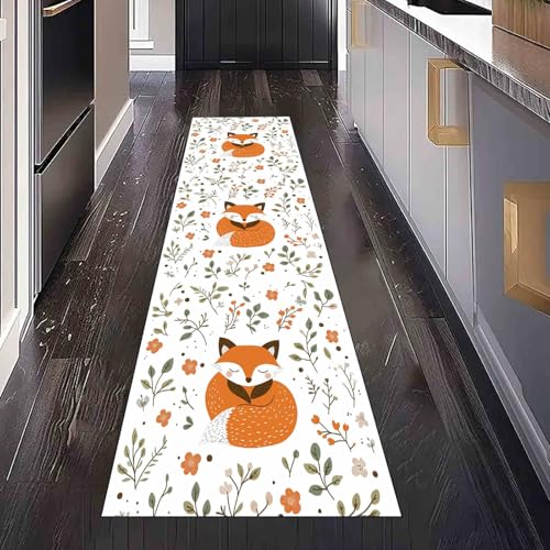 Dppyuxa Waldtiere Fuchs Teppich Läufer Niedlich Wildtiere Waschbar & rutschfest, Küchenteppich für Küche, Flur Flurteppich Lang Natur Blatt Küchenläufer Schmutzabweisend 80x200 cm von Dppyuxa