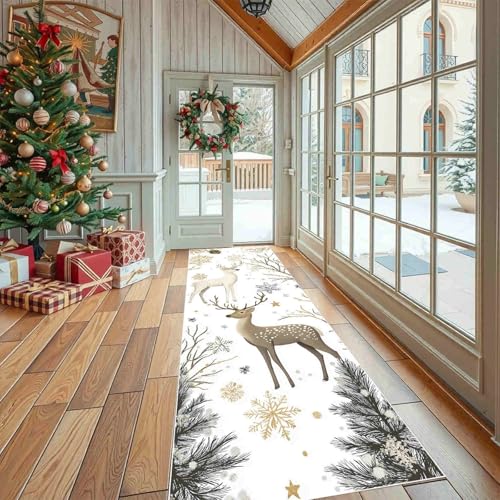Dppyuxa Waldtiere REH Läufer für Küche Flur Weihnachten Schnee Rutschfester Teppich Waschbar, Küchenläufer Natur Landschaft Zweige Maschinenwaschbar Flurteppich Lang Küchenteppich von Dppyuxa