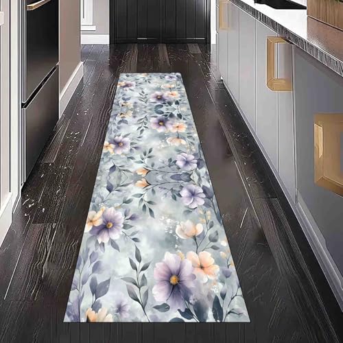 Dppyuxa Waschbarer Küchenläufer Aquarell Blumen rutschfest Teppich für Küche und Flur Blumen Blätter Langer Flurteppich Botanisch Zweige Küchenteppich Maschinenwaschbar 80x180 cm von Dppyuxa
