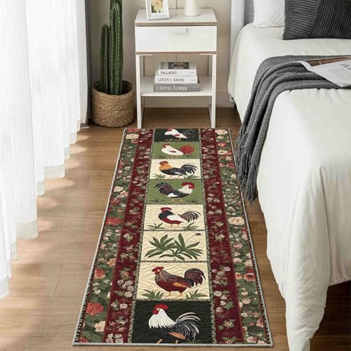Dppyuxa Waschbarer Küchenläufer Bauernhaus Hahn rutschfest Teppich für Küche und Flur Landhausstil Pflanze Langer Flurteppich Barock Blume Küchenteppich Maschinenwaschbar 80x180 cm von Dppyuxa