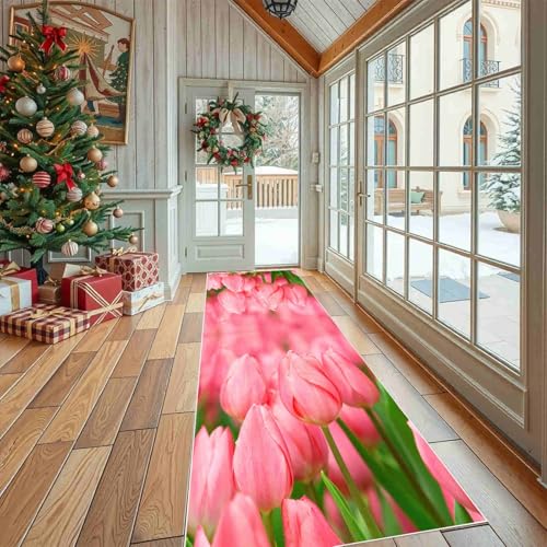 Dppyuxa Waschbarer Küchenläufer Blumenpflanzen Tulpe rutschfest Teppich für Küche und Flur Frühling Blume Langer Flurteppich Natur Blühende Küchenteppich Maschinenwaschbar 80x180 cm von Dppyuxa