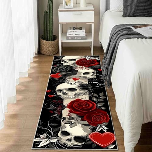Dppyuxa Waschbarer Küchenläufer Halloween Schädel rutschfest Teppich für Küche und Flur Gothic Rose Langer Flurteppich Romantisch Herzform Küchenteppich Maschinenwaschbar 80x180 cm von Dppyuxa