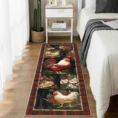 Dppyuxa Waschbarer Küchenläufer Landhausstil Hahn rutschfest Teppich für Küche und Flur Karierte Blume Langer Flurteppich Bauernhaus Blätter Küchenteppich Maschinenwaschbar 80x180 cm von Dppyuxa