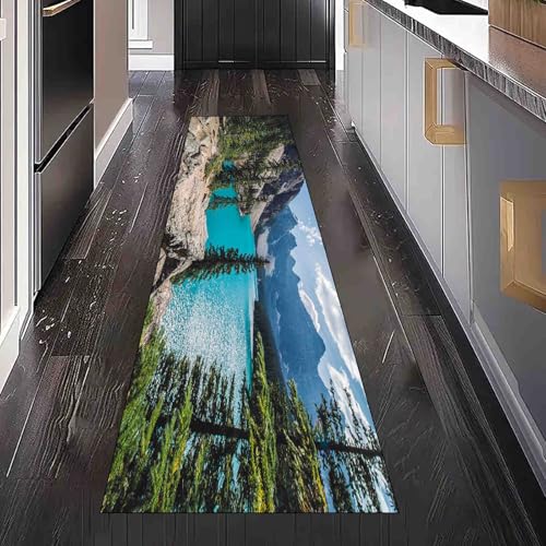 Dppyuxa Waschbarer Küchenläufer Landschaft See rutschfest Teppich für Küche und Flur Natur Gebirge Langer Flurteppich Wald Tanne Küchenteppich Maschinenwaschbar 80x180 cm von Dppyuxa