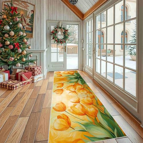 Dppyuxa Waschbarer Küchenläufer Ölgemälde Tulpe rutschfest Teppich für Küche und Flur Blumenpflanzen Blumen Langer Flurteppich Frühling Botanisch Küchenteppich Maschinenwaschbar 80x180 cm von Dppyuxa