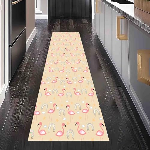 Dppyuxa Waschbarer Küchenläufer Tiere Flamingo rutschfest Teppich für Küche und Flur Cartoon Regenbogen Langer Flurteppich Niedlich Wolke Küchenteppich Maschinenwaschbar 80x180 cm von Dppyuxa