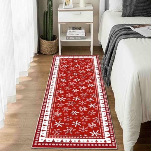 Dppyuxa Waschbarer Küchenläufer Weihnachten Schneeflocke rutschfest Teppich für Küche und Flur Winter Weihnachtsbaum Langer Flurteppich Nordisch Tanne Küchenteppich Maschinenwaschbar 80x180 cm von Dppyuxa