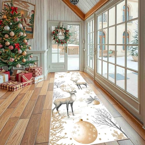 Dppyuxa Weihnachten Rentier Läufer für Küche Flur Winter Weihnachtsdeko Rutschfester Teppich Waschbar, Küchenläufer Feiertag Schnee Maschinenwaschbar Flurteppich Lang Küchenteppich von Dppyuxa
