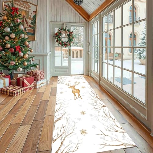 Dppyuxa Winter Hirsch Waschbarer Küchenläufer Silhouette Schnee rutschfest Teppich für Küche und Flur Weihnachten Filialen Langer Flurteppich Küchenteppich Maschinenwaschbar von Dppyuxa
