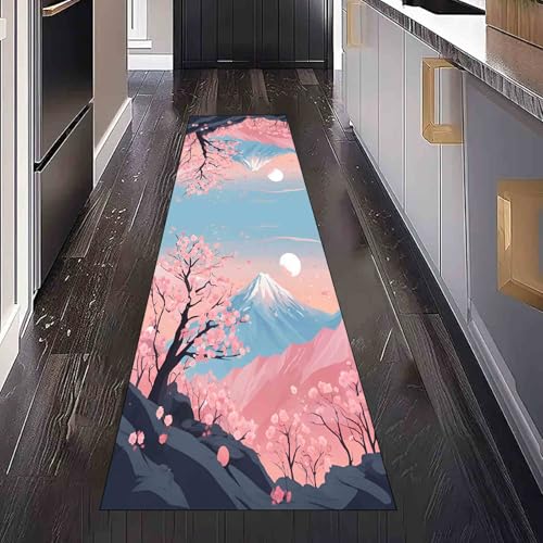 Japanische Stil Berg Fuji Teppich Läufer Natürliche Landschaft Kirschblüten Waschbar & Rutschfest, Küchenteppich für Küche, Flur Flurteppich Lang Orientalische Sonnenaufgang Küchenläufer 80x200 cm von Dppyuxa