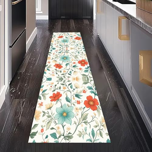 Küchenläufer Botanisch Blumen Waschbar Rutschfest Farbenfroh Geblümt Teppich Läufer für Küche und Flur Landhausstil Blatt Küchenteppich Maschinenwaschbar Schmutzabweisend für Eingang 80x300 cm von Dppyuxa