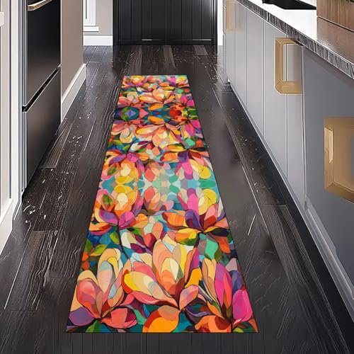 Küchenläufer Botanisch Blumen Waschbar Rutschfest Farbenfroh Geblümt Teppich Läufer für Küche und Flur Landhausstil Blatt Küchenteppich Maschinenwaschbar Schmutzabweisend für Eingang 80x300 cm von Dppyuxa