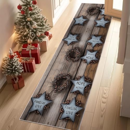 Läufer für Flur und Küche Rustikaler Stern Teppich Rutschfest Waschbarer Bauernhaus Holz Küchenteppich Landhausstil Herzform Langer Flurteppich Schmutzabweisend für Eingang Schlafzimmer 80x200 cm von Dppyuxa