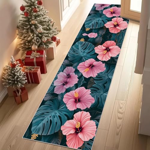 Läufer für Flur und Küche Tropisch Hibiskus Teppich Rutschfest Waschbarer Blumen Monstera Küchenteppich Botanisch Palmblätter Langer Flurteppich Schmutzabweisend für Eingang Schlafzimmer 80x200 cm von Dppyuxa