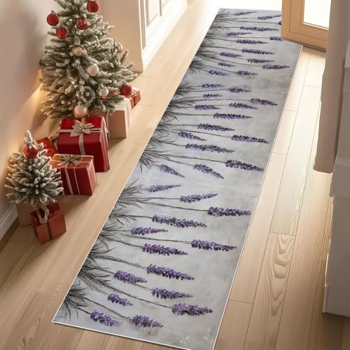 Teppich Läufer Flur Blumenpflanzen Lavendel Rutschfest und Waschbar Ölgemälde Geblümt Küchenläufer lang für die Küche Landhausstil Pflanze Flurteppich auch als Bettvorleger für Schlafzimmer 60x150 cm von Dppyuxa