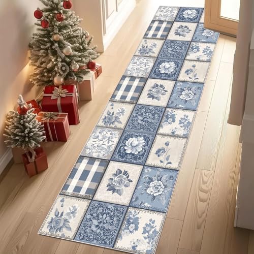 Teppich Läufer Flur Patchwork Geblümt Rutschfest und Waschbar Landhausstil Karierte Küchenläufer lang für die Küche Bauernhaus Blume Flurteppich auch als Bettvorleger für Schlafzimmer 60x150 cm von Dppyuxa