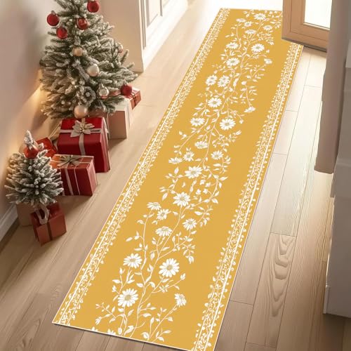 Teppich Läufer Flur Vintage Geblümt Rutschfest und Waschbar Landhausstil Blumen Küchenläufer lang für die Küche Rustikaler Pflanzen Flurteppich auch als Bettvorleger für Schlafzimmer 60x150 cm von Dppyuxa