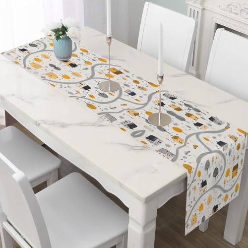 Tischläufer Leinen 30x120 cm Zeichentrickfiguren Stadt Tischdeko für Esstisch & Küche Kinder Dorf Akzenttisch Dekor Niedlich Auto Tischläufer für Feierlichkeiten Abwaschbar von Dppyuxa
