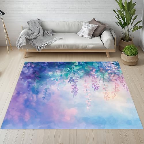 Aquarell Malerei Teppich Groß 200x290 cm, Traum Glyzinie Wisteria Waschbare Teppiche Antirutsch, Landhausstil Pflanzen Blumen Teppich Kurzflor Fur Wohnzimmer, Schlafzimmer, Kinderzimmer Bettvorleger von Dpvbffx