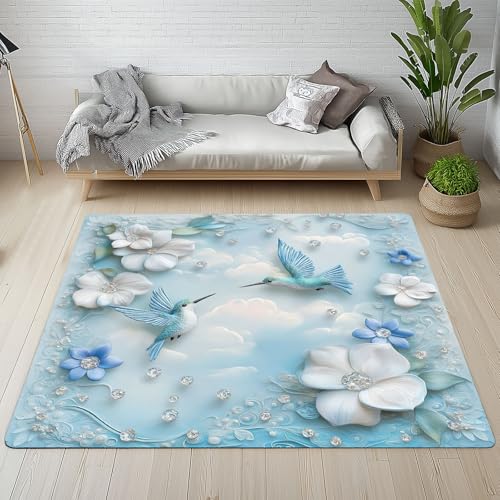Dpvbffx 3D Kolibri Teppich Wohnzimmer Schlafzimmer, Blau Diamant Blumen Muster Kurzflor Teppich 160x200 cm, Natur Aesthetic Teppiche Antirutsch Weich Waschbare Teppiche Kinderzimmer Bettvorleger von Dpvbffx