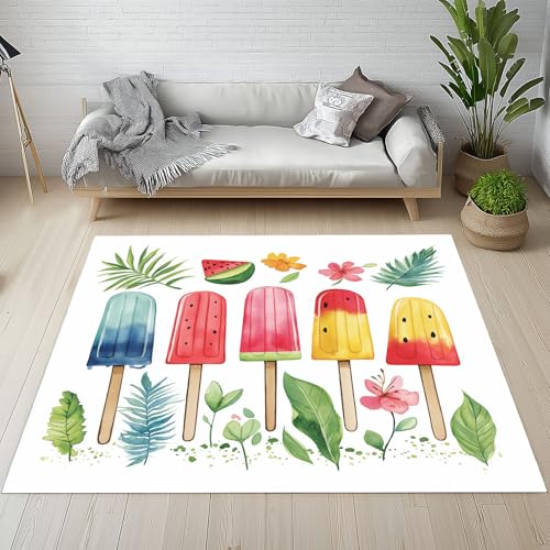 Dpvbffx Aquarell Eiscreme Fußmatte 50x80 cm, Tropisch Sommer Teppich Klein rutschfest, Pflanzen Blätter Blumen Teppich Kurzflor, Waschbarer Teppiche Gegend Schmutzfangmatte fur Innen Outdoor Eingang von Dpvbffx