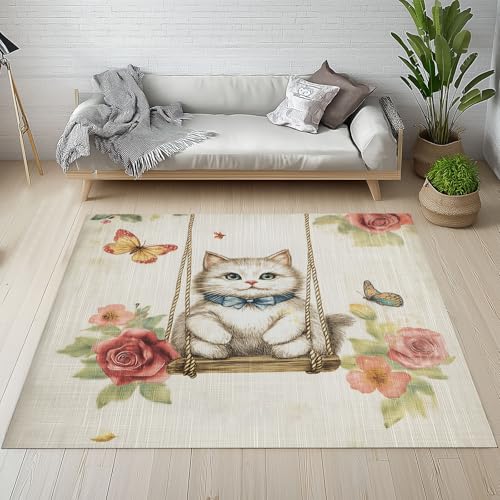 Dpvbffx Aquarell Kätzchen Teppich Groß 200x290 cm, Rose Blumen Schmetterling Waschbare Teppiche Antirutsch, Bauernhaus Rustikale Teppich Kurzflor Fur Wohnzimmer Schlafzimmer Kinderzimmer Bettvorleger von Dpvbffx