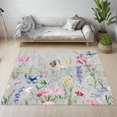 Dpvbffx Aquarell Pflanzenmuster Fußmatte 60x90 cm, Schmetterling Wildblumen Teppich Klein rutschfest, Frühling Landhaus Teppich Kurzflor, Teppiche Gegend Schmutzfangmatte fur Innen Outdoor Eingang von Dpvbffx