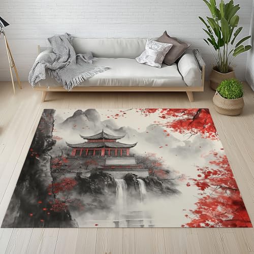 Dpvbffx Asiatisch Tuschemalerei Fußmatte 60x90 cm, Chinesischer Stil Teppich Klein rutschfest, Berg Tempel Landschaft Teppich Kurzflor, Teppiche Gegend Schmutzfangmatte fur Innen Outdoor Eingang von Dpvbffx