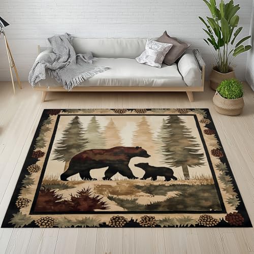 Dpvbffx Bär Silhouette Teppich Rutschfest, Aquarell Waldtiere Teppich Wohnzimmer 80x120 cm, Rustikale Bauernhaus Teppiche Kurzflor Waschbare fur Schlafzimmer Badezimmer Kinderzimmer Schmutzfangteppich von Dpvbffx