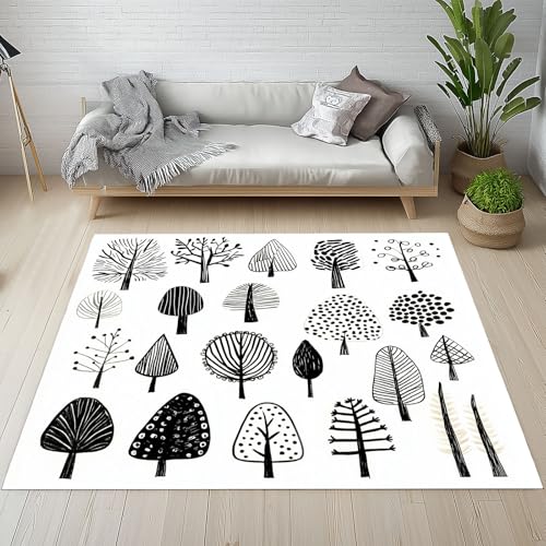Dpvbffx Baum Wald Teppich Wohnzimmer Schlafzimmer, Schwarz Weiß Kurzflor Teppich 160x200 cm, Minimalistisch Illustration Teppiche Antirutsch Weich Waschbare Teppiche Kinderzimmer Bettvorleger von Dpvbffx