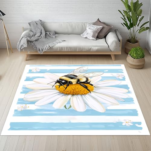 Dpvbffx Biene Gänseblümchen Teppich Groß 200x290 cm, Blau Weiß Streifen Waschbare Teppiche Antirutsch, Landhausstil Bauernhaus Teppich Kurzflor Fur Wohnzimmer Schlafzimmer Kinderzimmer Bettvorleger Dpvbffx Biene Gänseblümchen Teppich Groß 200x290 cm, Blau Weiß Streifen Waschbare Teppiche Antirutsch, Landhausstil Bauernhaus Teppich Kurzflor Fur Wohnzimmer Schlafzimmer Kinderzimmer Bettvorleger von Dpvbffx