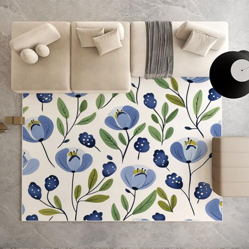 Dpvbffx Blau Blumenmotiv Teppich Groß 200x290 cm, Landhausstil Pflanzen Waschbare Teppiche Antirutsch, Botanisch Floral Teppich Weich Kurzflor Fur Wohnzimmer Schlafzimmer Kinderzimmer Bettvorleger von Dpvbffx