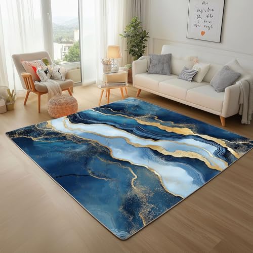 Dpvbffx Blau Marmor Teppich rutschfest, Aesthetic Marmoriert Teppich Wohnzimmer 100x150 cm, Modern Marmor Optik Teppiche Kurzflor Waschbare fur Schlafzimmer Badezimmer Kinderzimmer Schmutzfangteppich von Dpvbffx